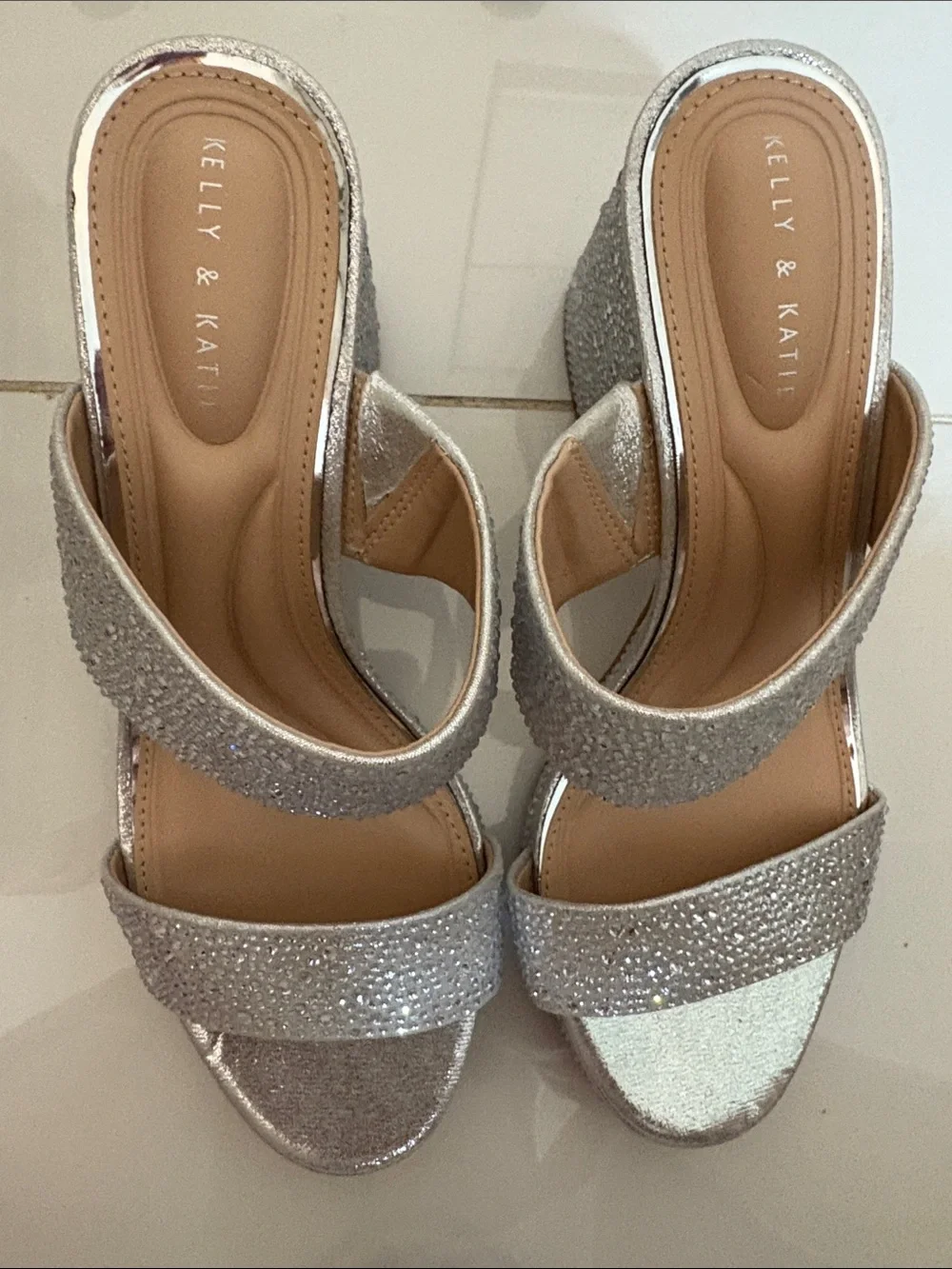Kelly & Katie Silver Glitter Block Heel Sandals with Dual Straps